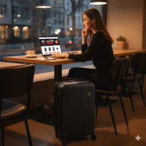 Traveler comparing Nobl Travel luggage prices online during Black Friday sale.