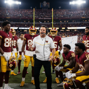 Washington Commanders coach giving team instructions on the sideline